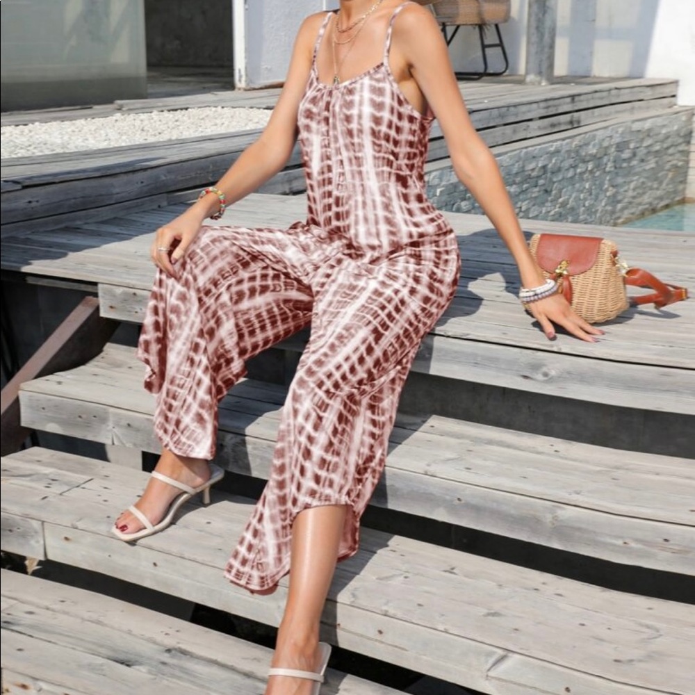 Boho Tie Dye Wide Leg Pants Pocket Jumpsuit - Picture 4 of 11